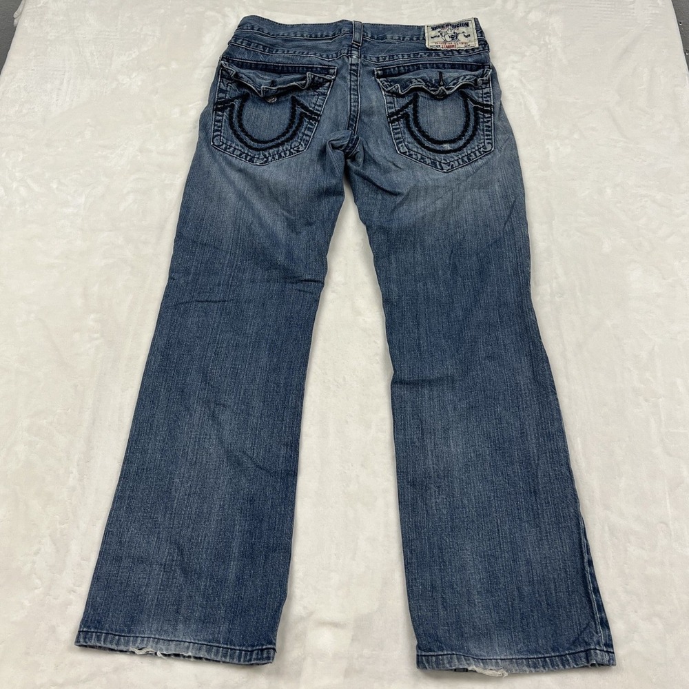 True Religion Straight Jeans Mens 34 Blue Medium Wash Horseshoe Stitch 0165